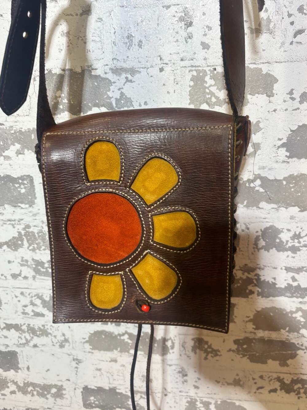 ViTG  Brown Tooled Leather Crossbody Bag wi:/suede Sunflower Patchwork Design